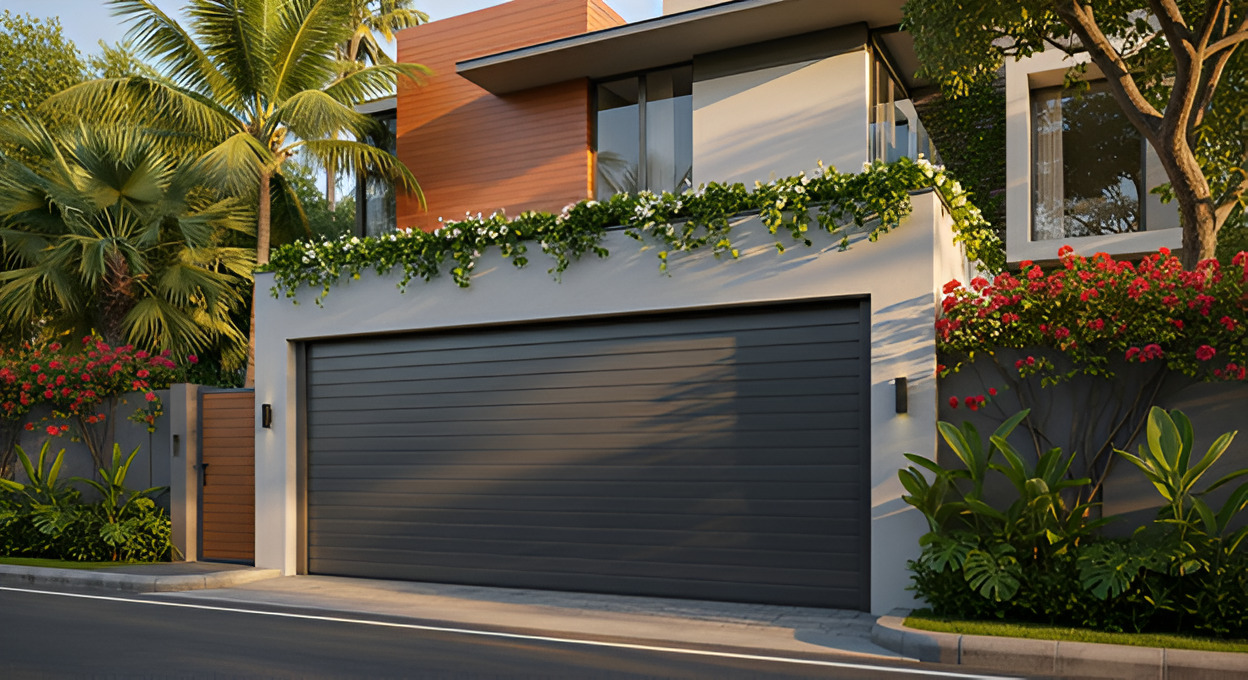 Modern residential garage with automated dark grey sectional door.