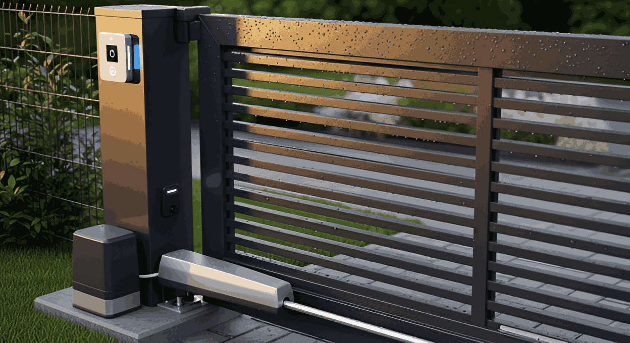 A modern automatic sliding gate with a visible motor and control panel, designed for secure and convenient entrance automation in homes or businesses.