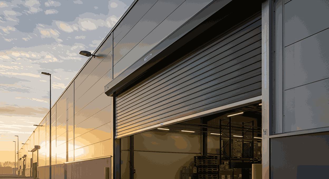 Robust automatic rolling shutter on a factory building, designed for high-security and automated access to industrial facilities